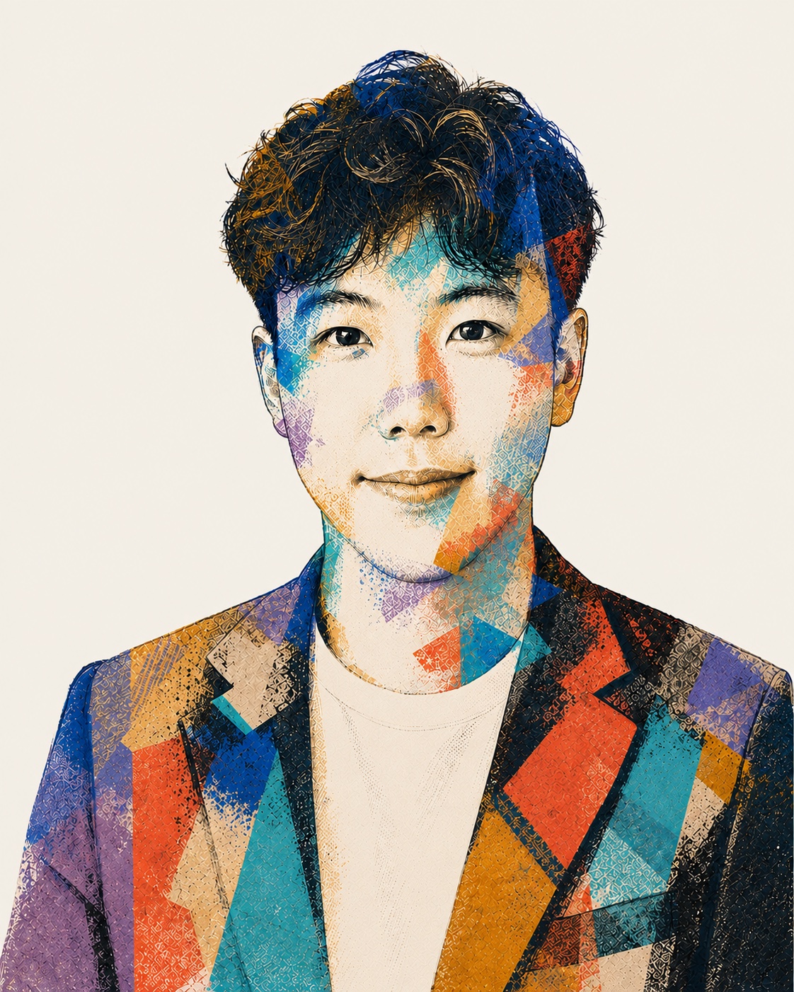 Colorful abstract collage portrait of Haoze Ni smiling