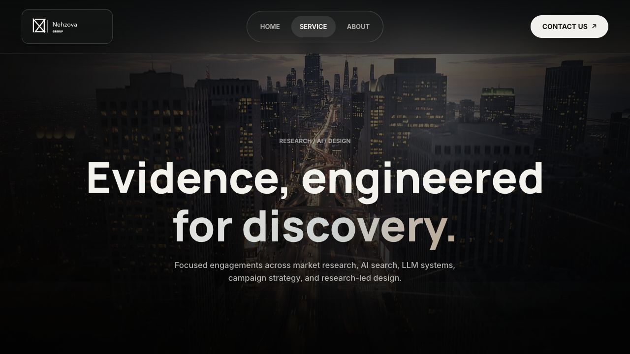 Nehzova services page with Evidence engineered for discovery headline