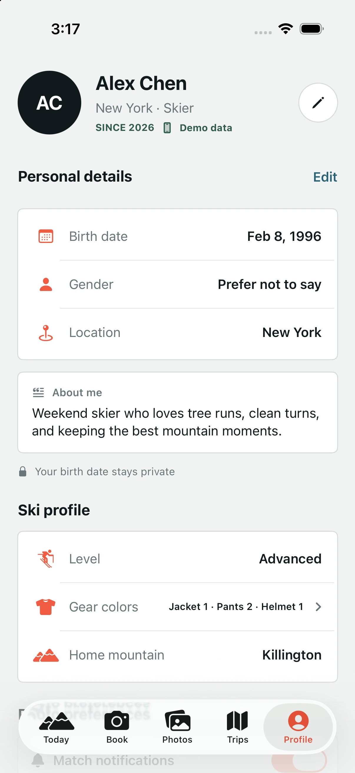 Slopeframe Profile screen